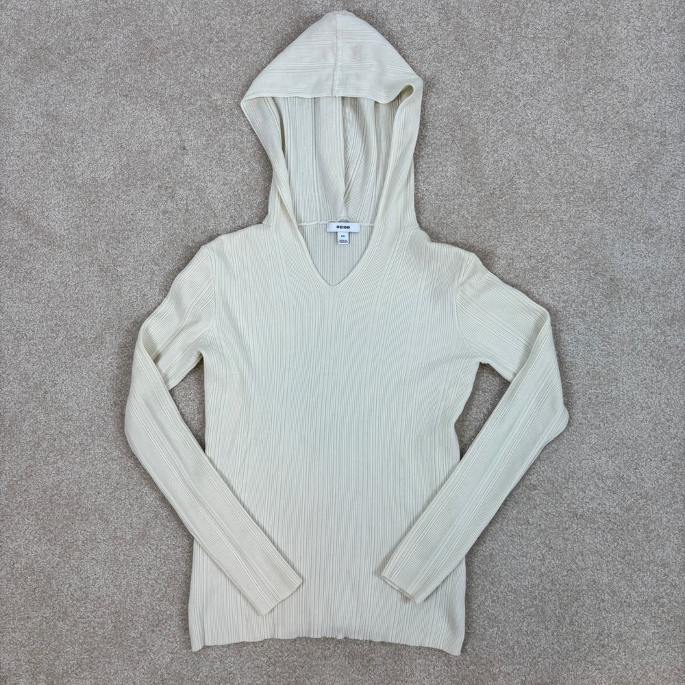 REISS Chloe Ribbed Hoodie Cream V Neck Long Sleeve Lightweight Sweater Size XS